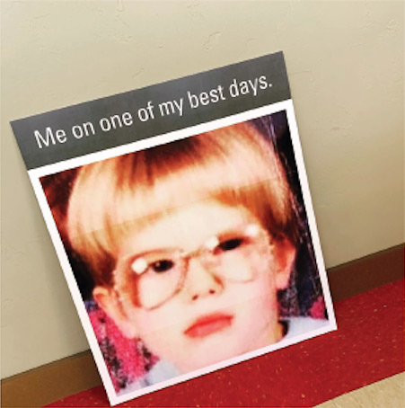 square portrait photo of Morgan leaning against the wall with the words, "Me on one of my best days," across the top